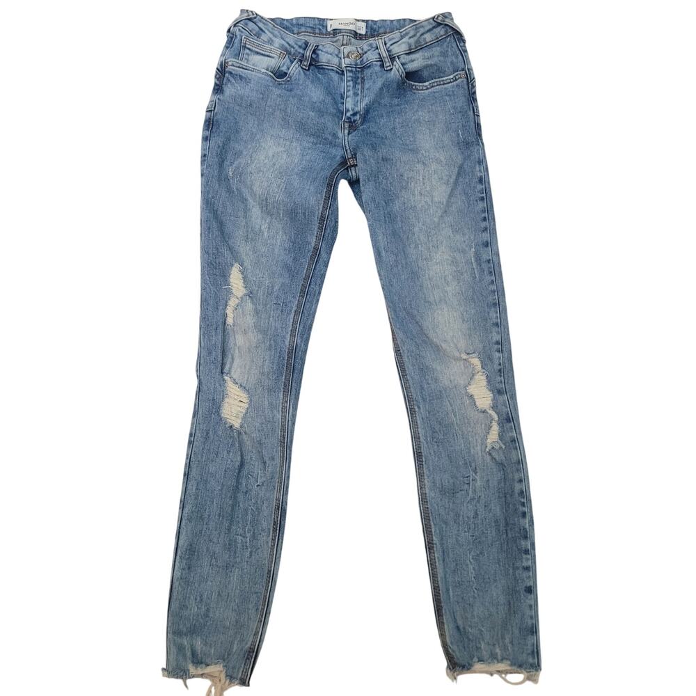 Mango Denim Size 4 Light Wash Skinny Jeans Raw Hem Distressed Stretch Casual